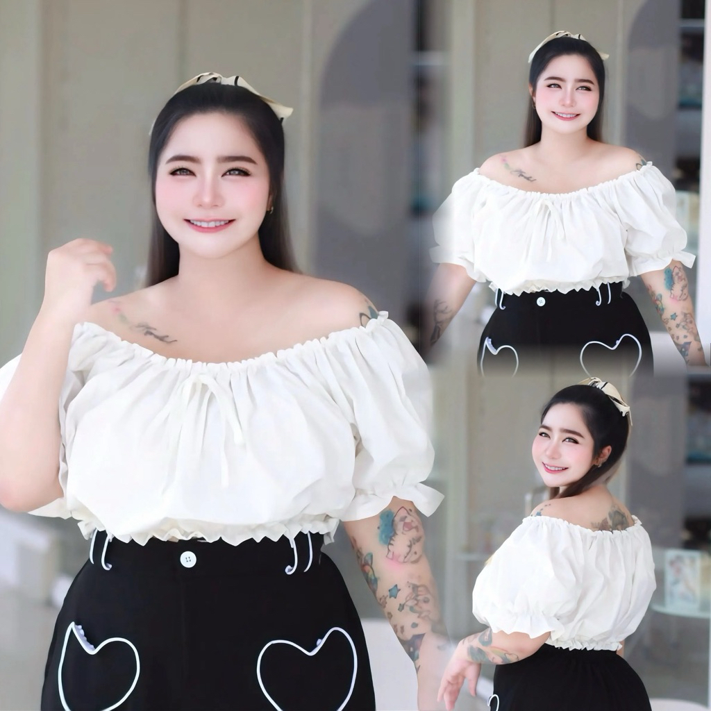 S28เสื้อปาดไหล่แขนตุ๊กตาแต่งโบว์ด้านหน้า รอบอก46-56นิ้ว ความยาว18นิ้ว ผ้าบาร์บี้ เสื้อเปิดไหล่สาวอวบ