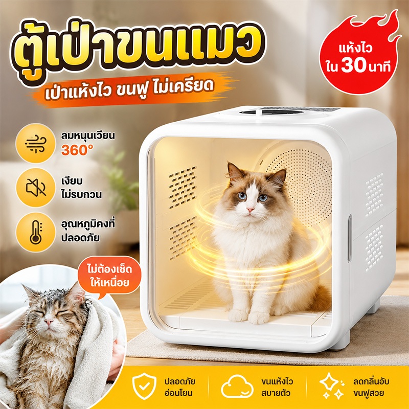 ตู้เป่าขนแมว Smart Dryer เสียงต่ำ ตั้งเวลาได้ แห้งเร็วสุด ปลอดภัย มอก รับประกัน1ปี สินค้าแท้ COD