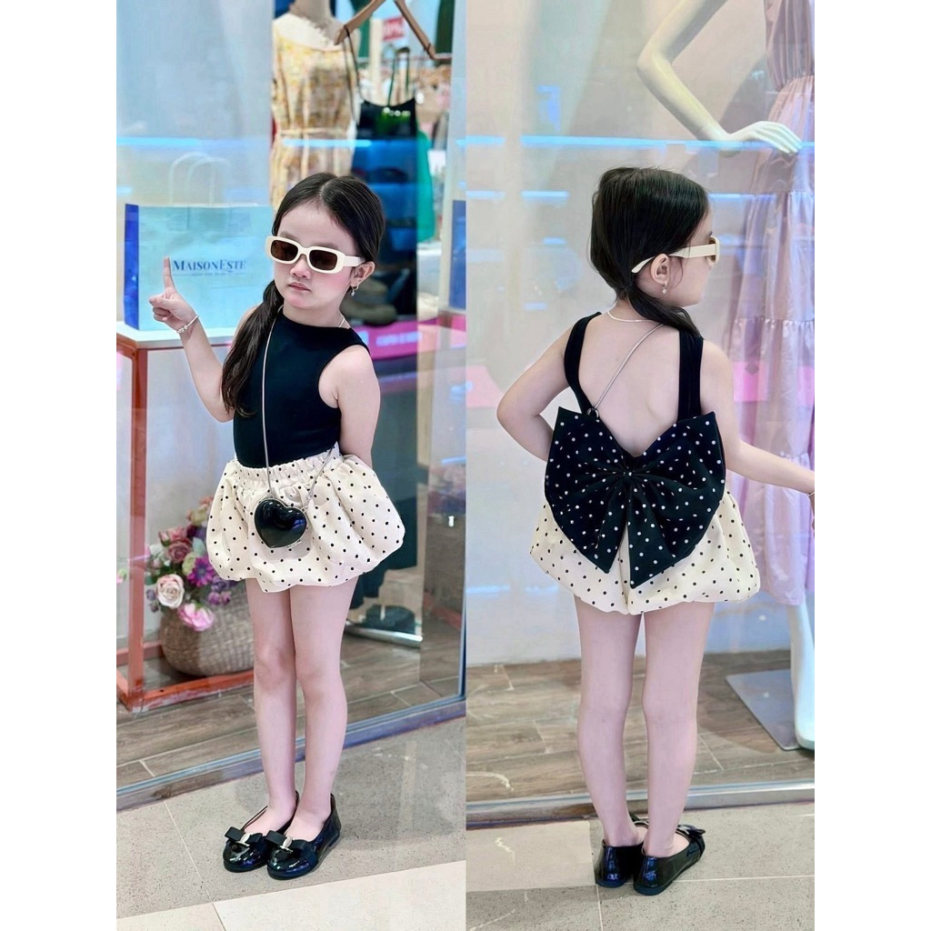 ชุดเซ็ทโบว์ขาสั้นบอลลูน ✨โบว์ดำกางเกงขาว
