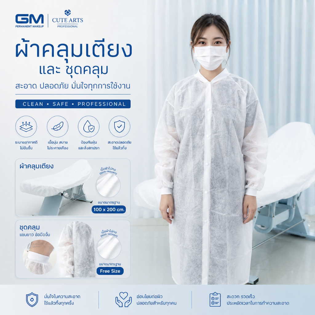 ผ้าคลุมเตียง และ ชุดคลุมแบบมีกระดุม ชุดกราว ผ้ากันเปื้อน ป้องกันเชื้อแบบใช้แล้วทิ้ง