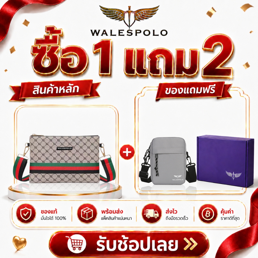 WALESPOLO กระเป๋าสะพายข้างผู้ชาย ซื้อ 1 แถม 2 กระเป๋าผู้ชายลายคลาสสิก พร้อมกล่องของขวัญ เหมาะเป็นของขวัญวันสงกรานต์ ลอยก