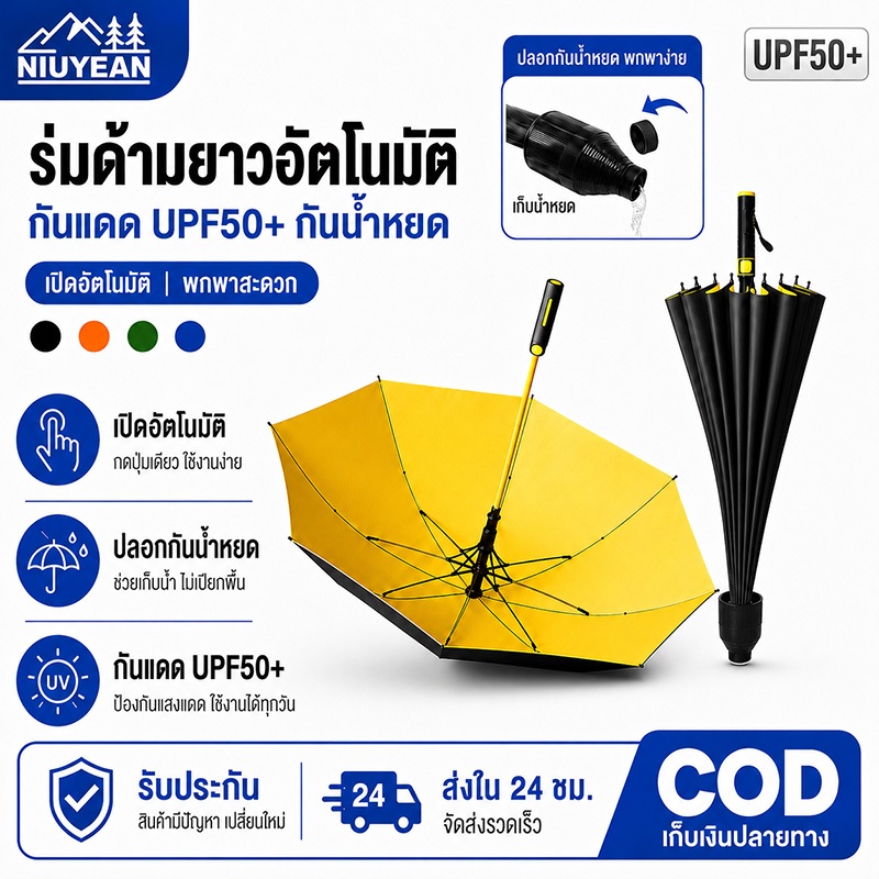 NIUYEAN ร่มกันฝน ร่มกันรังสียูวี ร่มพับขนาดใหญ่ 120*120 cm ผ้าพื้นที่กว้าง กันน้ำได้ดี