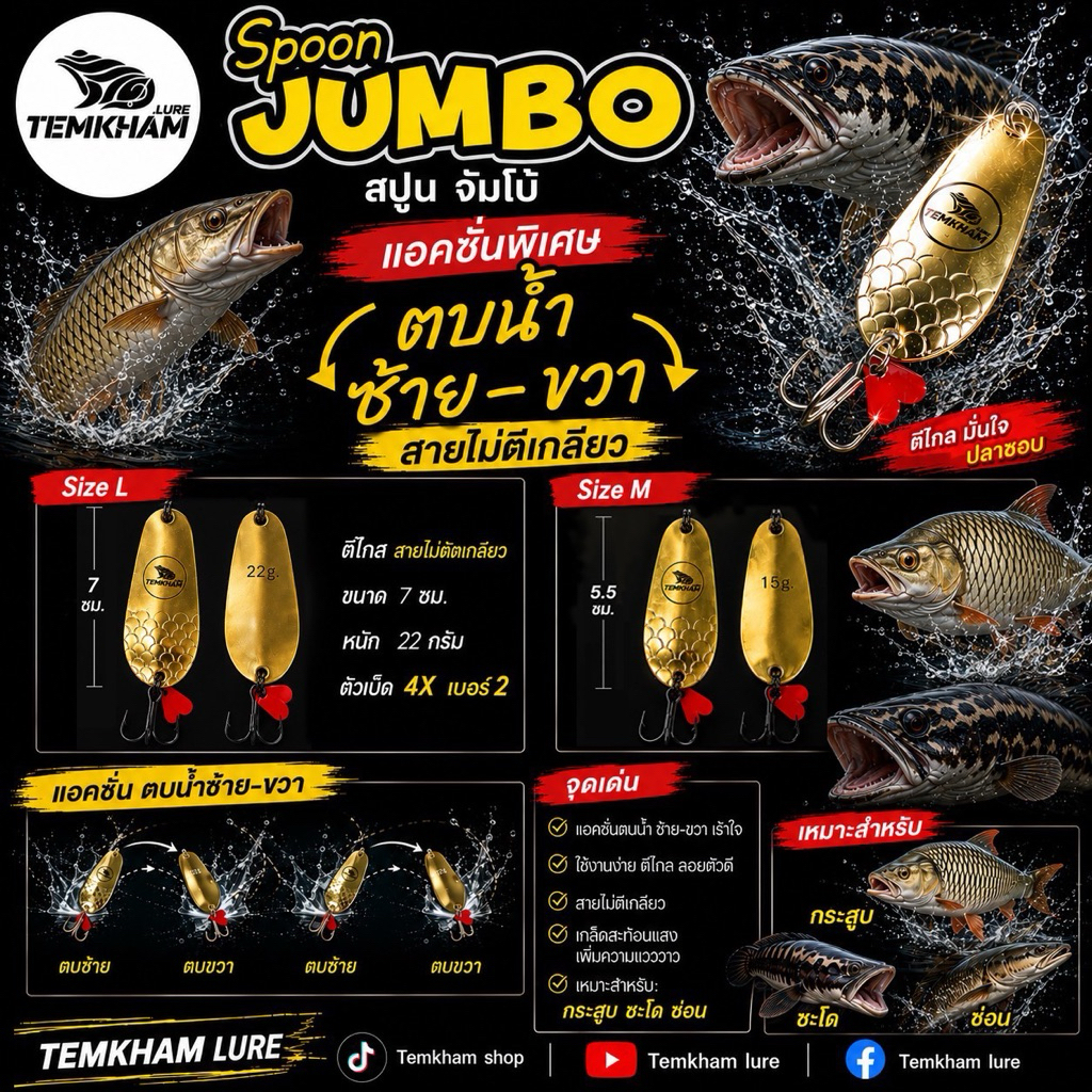 จัมโบ้สปูน เต็มคำ  สปูนสีทอง Spoon jumbo TEMKHAM กระสูบ ชะโด