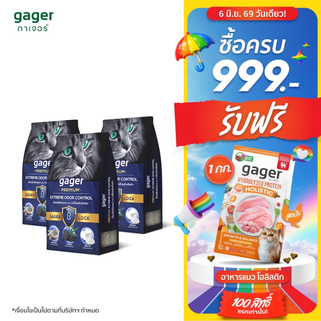Gager (กาเจอร์) ทรายแมว Bentonite ทรายแมวภูเขาไฟพรีเมียม ทรายแมวเบนโทไนท์ ทรายแมวกาเจอร์(10กิโล3ถุง)