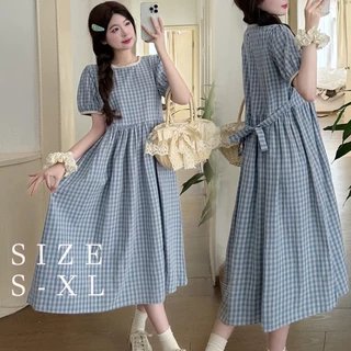 STYLE#เดรสแขนสั้นสีฟ้าลายตาราง หญิง สไตล์เรโทร แขนพอง ผูกเอว ทรงหลวมเกาหลี ใช้ได้หลายโอกาส เหมาะหน้าร้อน#99399