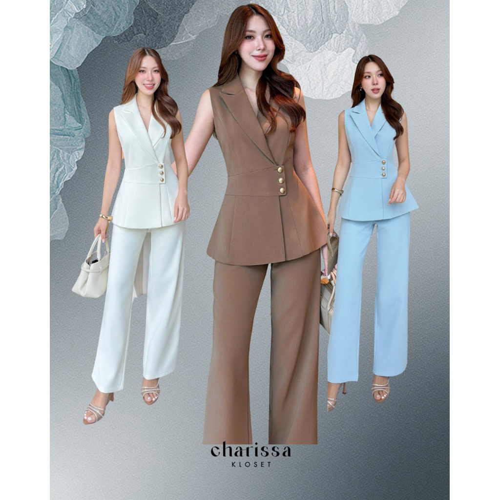 28600 เซ็ทเสื้อแต่งกระดุมที่เอว กางเกงกระบอกใหญ่