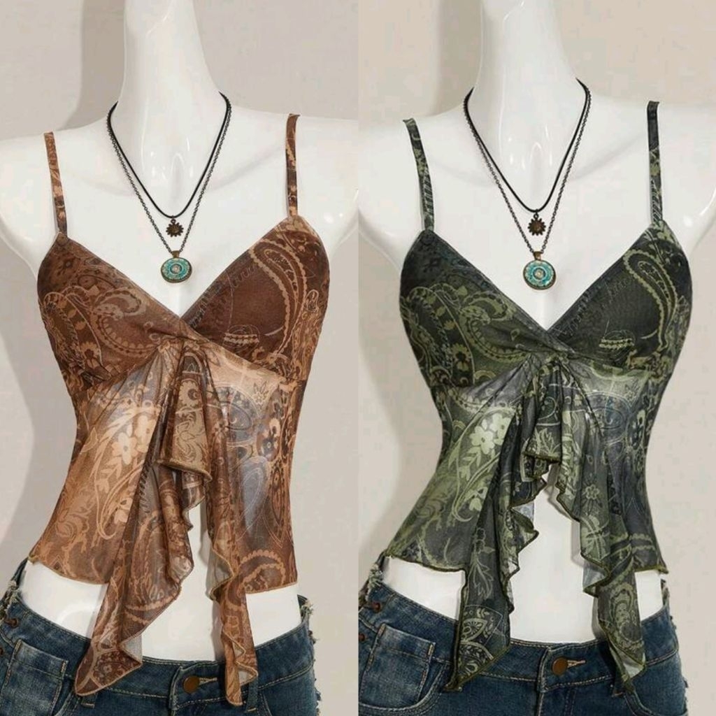 เสื้อสายเดี่ยวลายดอกไม้​ คอวี​ แต่งระบาย​ แฟชั่นสำหรับวันหยุด​ สีน้ำตาล​ I พรี​ออเดอร์​