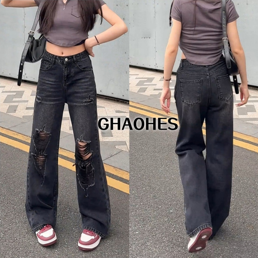 GHAOHES กางเกงยีนส์สีดำแบบขาด ทรงหลวม ดีไซน์ขากว้าง สวมใส่สบาย เหมาะสำหรับใส่ได้ทั้งวัน (6602)