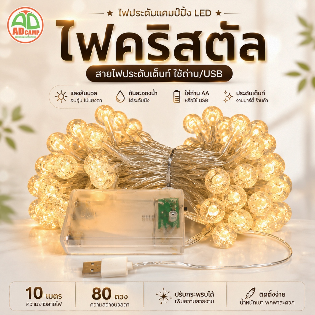 ไฟคริสตัล ไฟประดับแคมป์ปิ้ง LED ไฟเส้นประดับเต็นท์ ใช้ถ่าน/USB แต่งเต็นท์ แสงสีวอมท์ กันน้ำ 10 เมตร