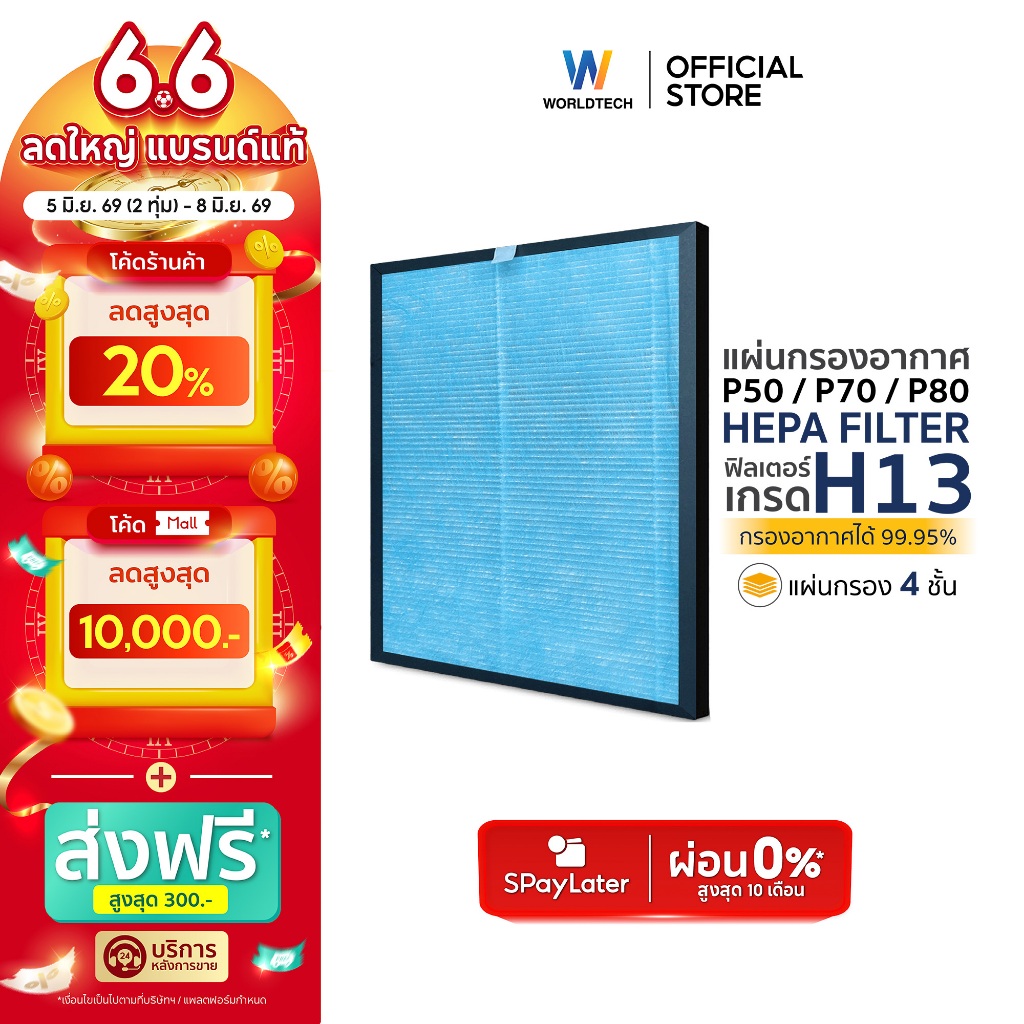 Worldtech ไส้กรองเครื่องฟอกอากาศ รุ่น WT-P80-Filter ตัวกรอง HEPA H13 4 ชั้น กรองฝุ่น ควัน PM 2.5