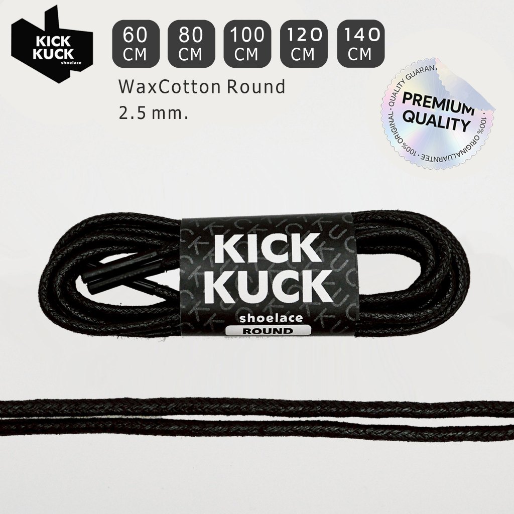 (แน่น บางเฉียบ 2.5mm ไม่ย้วย) เชือกรองเท้าสีดำ ( Black ) (Kickkuck) สำหรับรองเท้าหนัง ความยาว 60,80,100,120,140 cm.