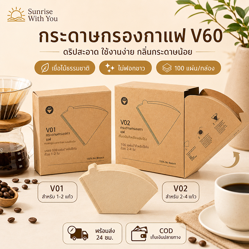 กระดาษกรองกาแฟ V60 ทรงกรวย ฟิลเตอร์กาแฟดริป สำหรับดริปเปอร์ V60 อุปกรณ์ชงกาแฟ ใช้งานง่าย