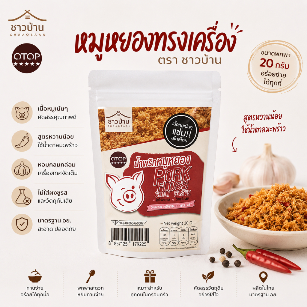 OTOP 5 ดาว น้ำพริกหมูหยอง ตราชาวบ้าน (หวานน้อย) ขนาด 20 กรัม ตราชาวบ้าน ไม่ใส่วัตถุกันเสีย