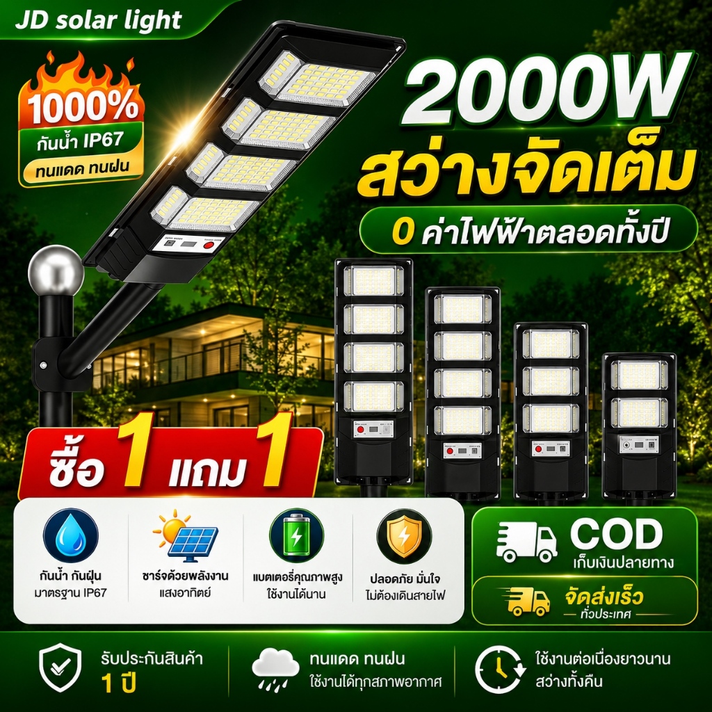 ซื้อ 1 แถม 1 ไฟโซล่าเซลล์ แท้ 2000W โซลาร์เซลล์ Solar Light LED ไฟพลังงานแสงอาทิตย์ IP67 กันน้ำ