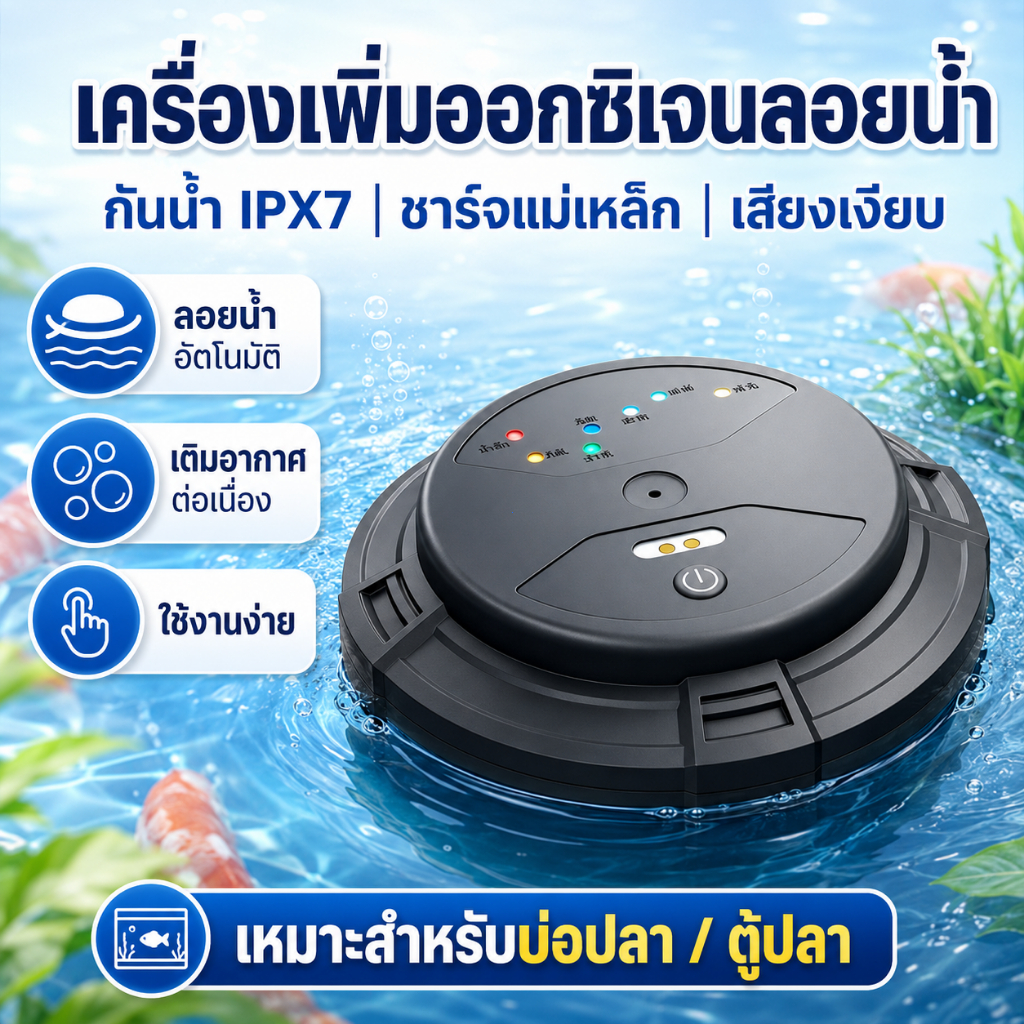 เครื่องออกซิเจนลอยน้ำ ไร้สาย กันน้ำ IPX7 ซีลอัลตราโซนิก ชาร์จแม่เหล็ก แบตอึด เปิดอัตโนมัติเมื่อโดนน้ำ ปั๊มลมตกปลา