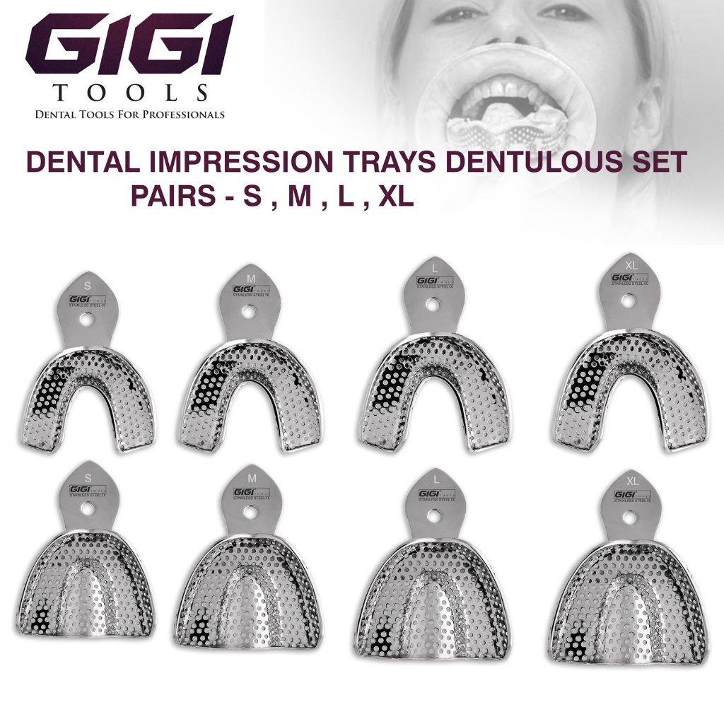 Gigi Tools Dental Impression Trays Dentulous Stainless Steel Autoclavable Set S, M, L, XL,