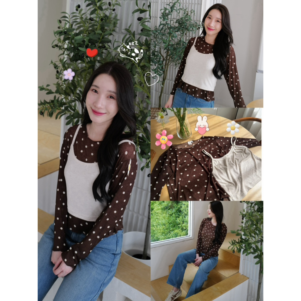 เสื้อซีทูคอกลมจุด+กล้าม สีน้ำตาลBrown(ได้ 2 ชิ้นแยกได้)