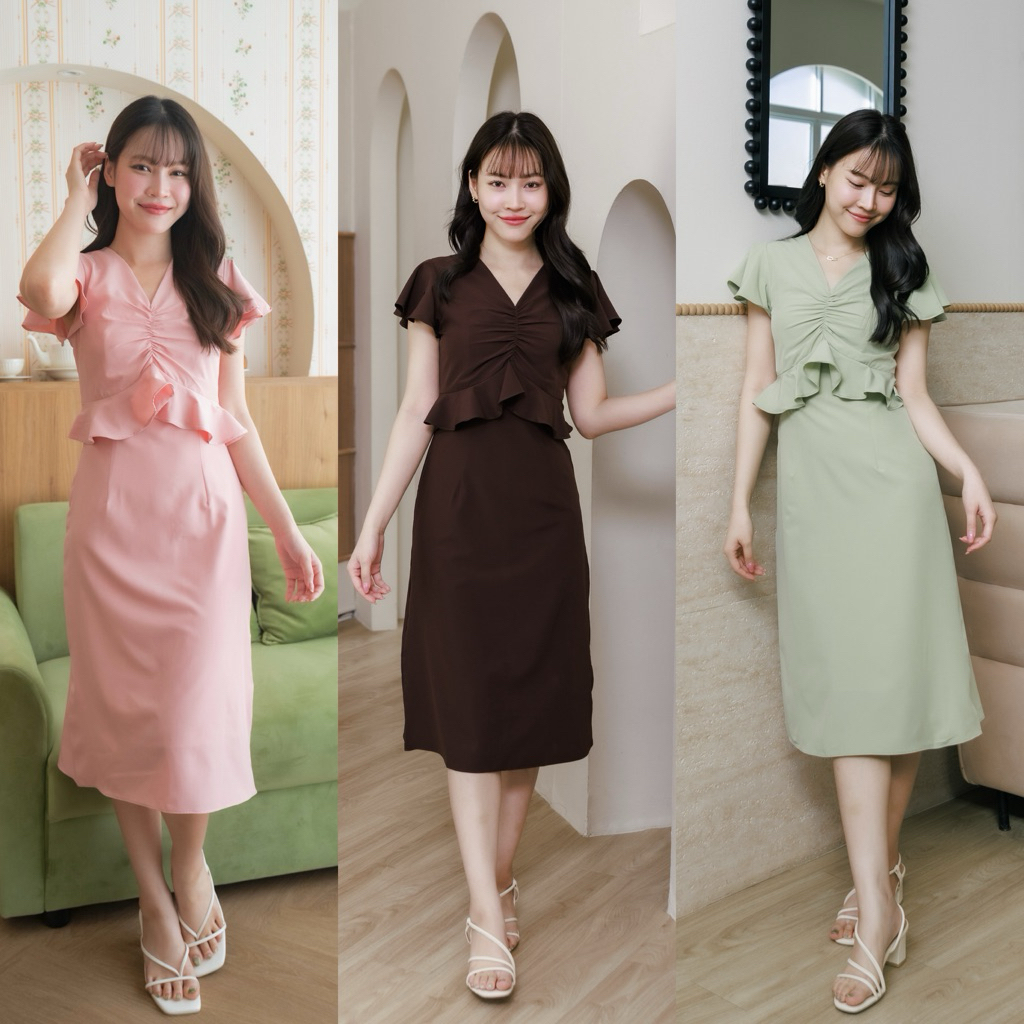 🌷✨ Peony dress สีพื้น เดรสแต่งระบายเอว เดรสออกงาน  ดีเทลน่ารัก (ตัดสั้นฟรี ระบุในหมายเหตุเท่านั้น)