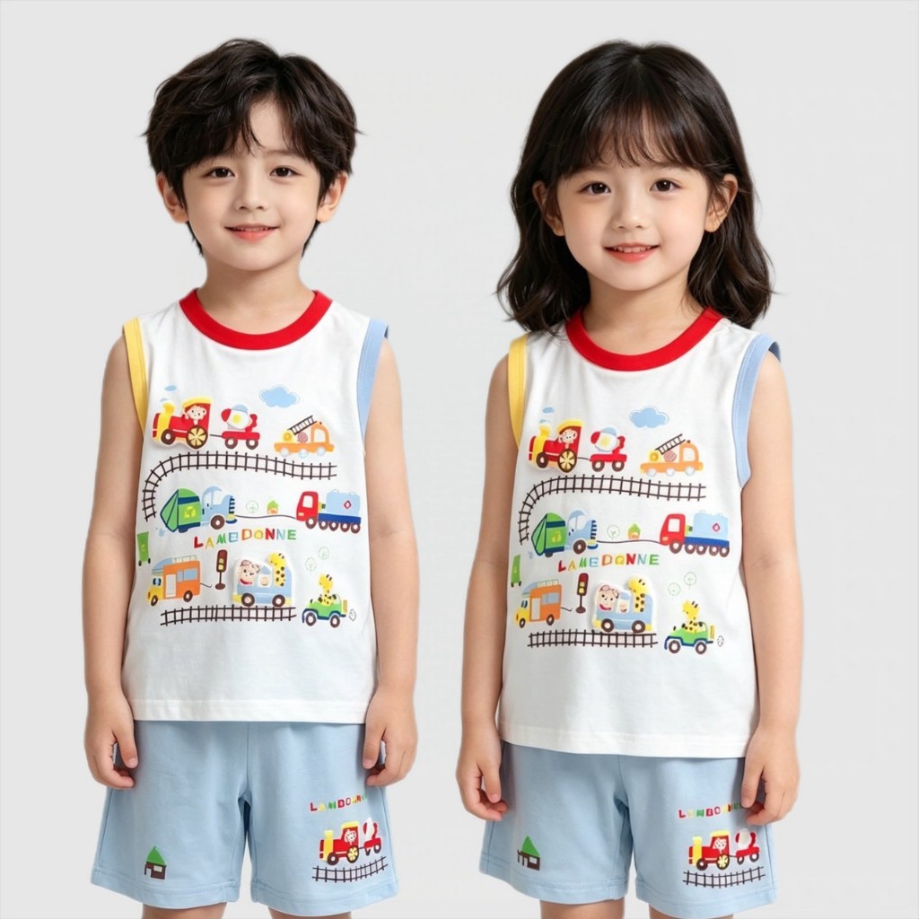 BB323 ชุดใส่บ้านฤดูร้อนลูกชาย เสื้อไร้แขนปกสีตัดสองเฉด ลายรถพาหนะน่ารัก กางเกงขาสั้นผ้านุ่ม
