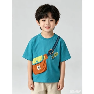 BB324 เสื้อทีเชิร์ตลูกชายฤดูร้อน สีฟ้าเขียว กระเป๋าสะพายผ้าจริงติดเสื้อหลายเฉดสี