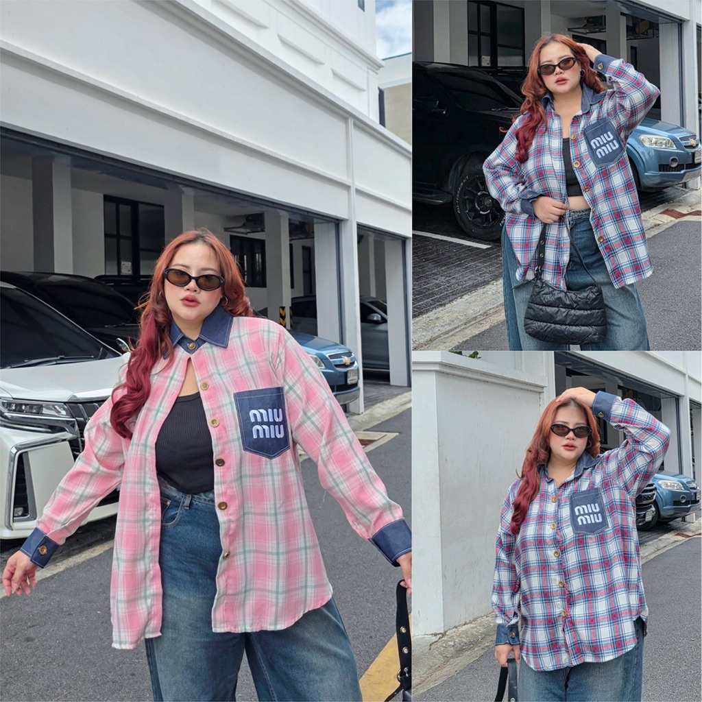 (ส่งด่วน) M Plaid Shirt เสื้อเชิ้ตคอปกBigsize ลายสก๊อต แต่งผ้ายีนส์ อก 40-66“(PT)