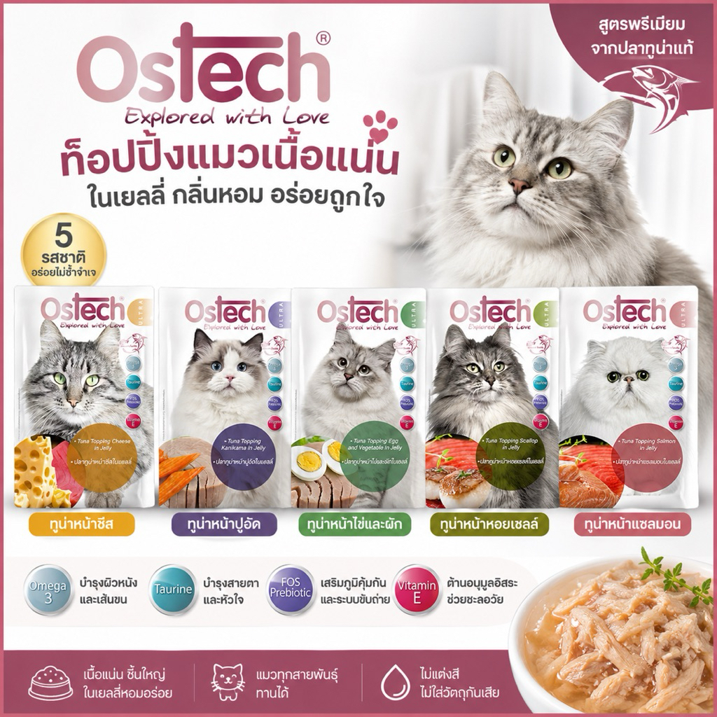 (1ลัง48ซอง) Ostech Ultra ออสเทค อัลตร้า อาหารเปียกแมวสูตรทูน่าในเยลลี่-เกรวี่ ทูน่าเนื้อขาว ขนาด 70g