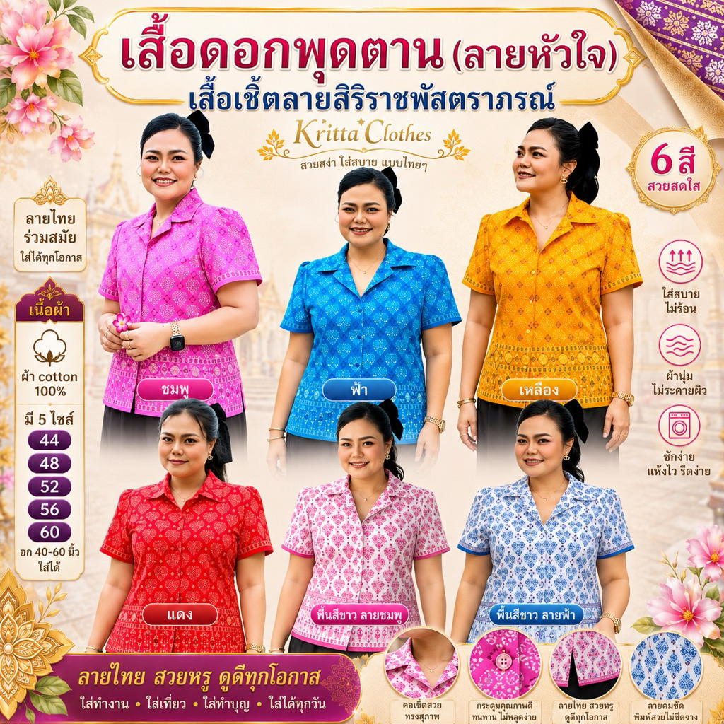 เสื้อดอกพุดตาน(ลายหัวใจ) เสื้อเชิ้ตลายสิริราชพัสตราภรณ์ไซส์ใหญ่
