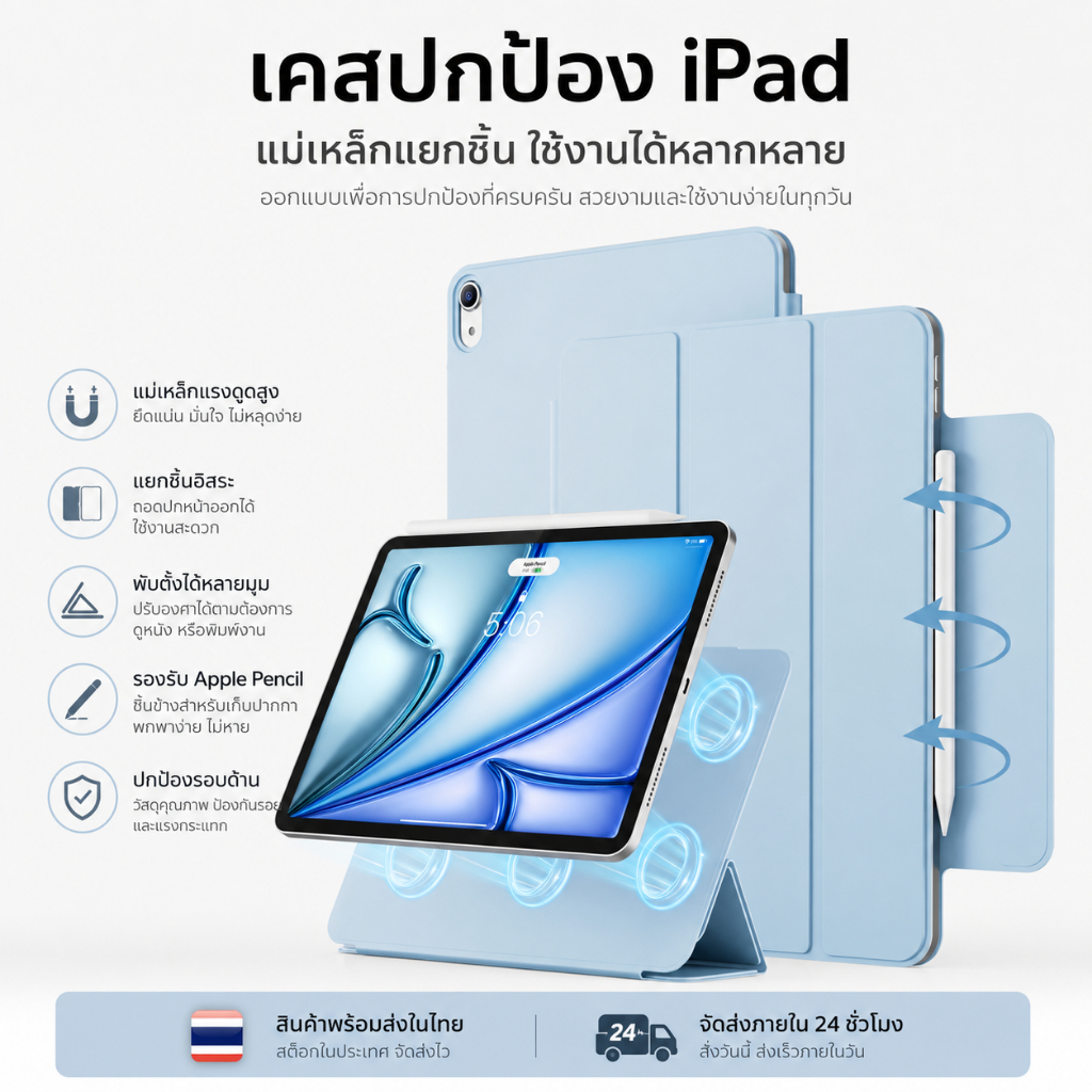 GKABXY 2-in-1 ถอดแยกได้ เคสป้องกันอัจฉริยะ ใช้สำหรับ iPad Air 4-5th/6th/7th/8th 10/11th 11"  Air M2/M3  Pro 4th-6th 13"