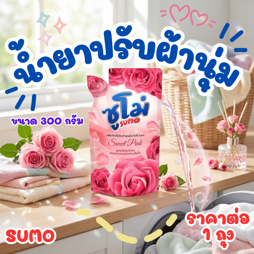 น้ำยาปรับผ้านุ่ม แบบเติม ถุง หอมติดทนนาน ซูโม่ น้ำยาปรับผ้านุ่มสูตรเข้มข้น ยาปรับผ้านุ่ม Premium กลิ่นหอมฟุ้ง SUMO 300 g