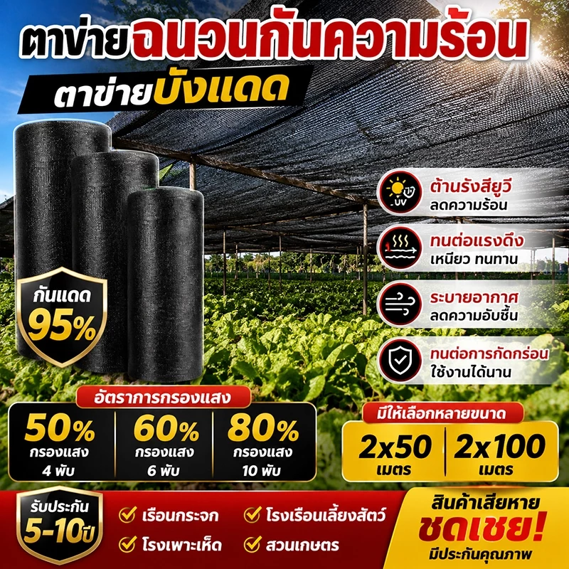 สแลนบังแดดเกรดคุณภาพ มีสีดำ/เขียว อัตรากรองแสงหลายระดับ ทนทานไม่ฉีกขาด เหมาะคลุมโรงเรือน โรงรถและสวนกลางแจ้ง