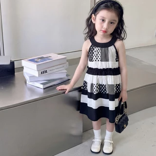 Hania kids พร้อมส่ง ชุดเดรสเด็ก สีขาวดำลายจุด ผ้าฝ้าย ชุดเดรสแฟชั่นเด็กผู้หญิง K6125980