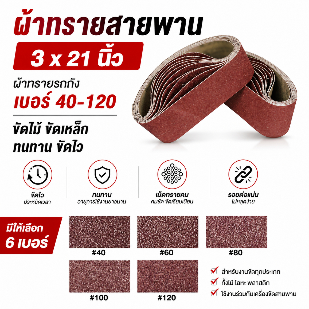 กระดาษทรายสายพาน 3x21 นิ้ว (ผ้าทรายสายพาน) เบอร์ 40-120 กระดาษทรายรถถัง ทนทาน ขัดไม้ ขัดเหล็ก เรียบเนียน ไม่ขาดง่าย