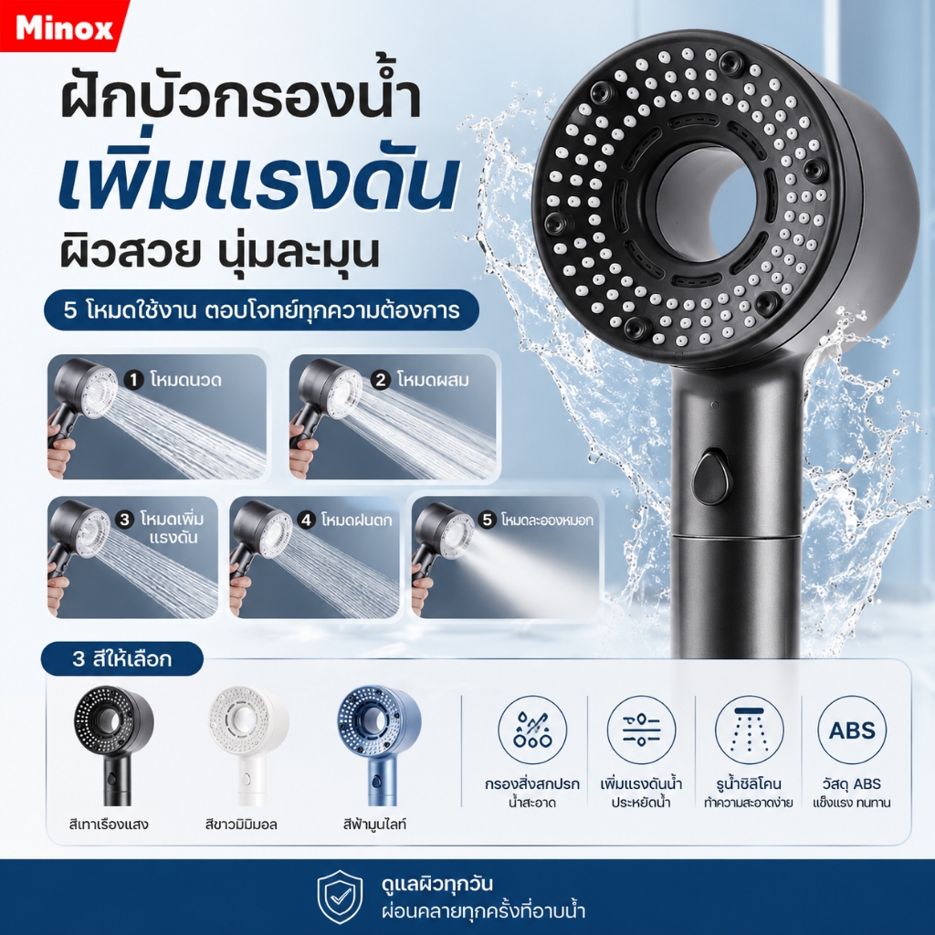 🔥รับประกัน 5 ปี🔥 หัวฝักบัวแรงดันสูง นำเข้าจากญี่ปุ่น Showerheads ฝักบัวอาบน้ำ ประหยัดน้ำ ปรับ 5 โหมด เพิ่มความดัน500%