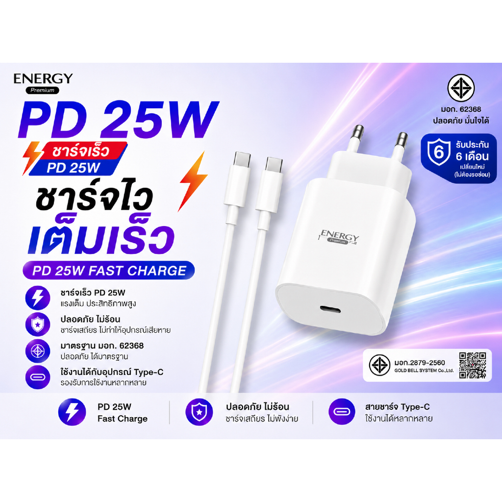 ชุดชาร์จ Energy 20W PD หัว+สาย ชาร์จไว Typee-c to Type-c  Type-c to Lightning