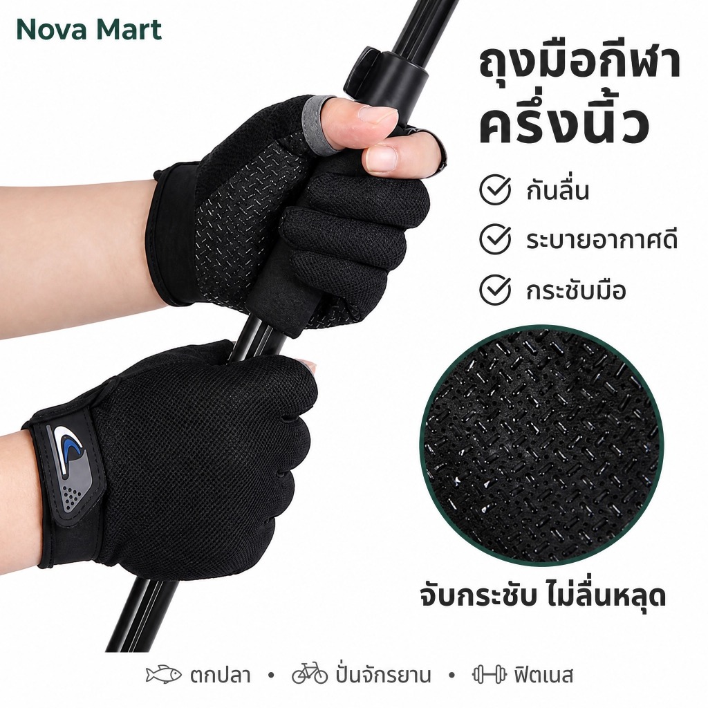 Nova Mart ถุงมือกีฬาแบบครึ่งนิ้ว กันลื่น ระบายอากาศดี สำหรับตกปลา ปั่นจักรยาน ฟิตเนส และกิจกรรมกลางแจ้ง