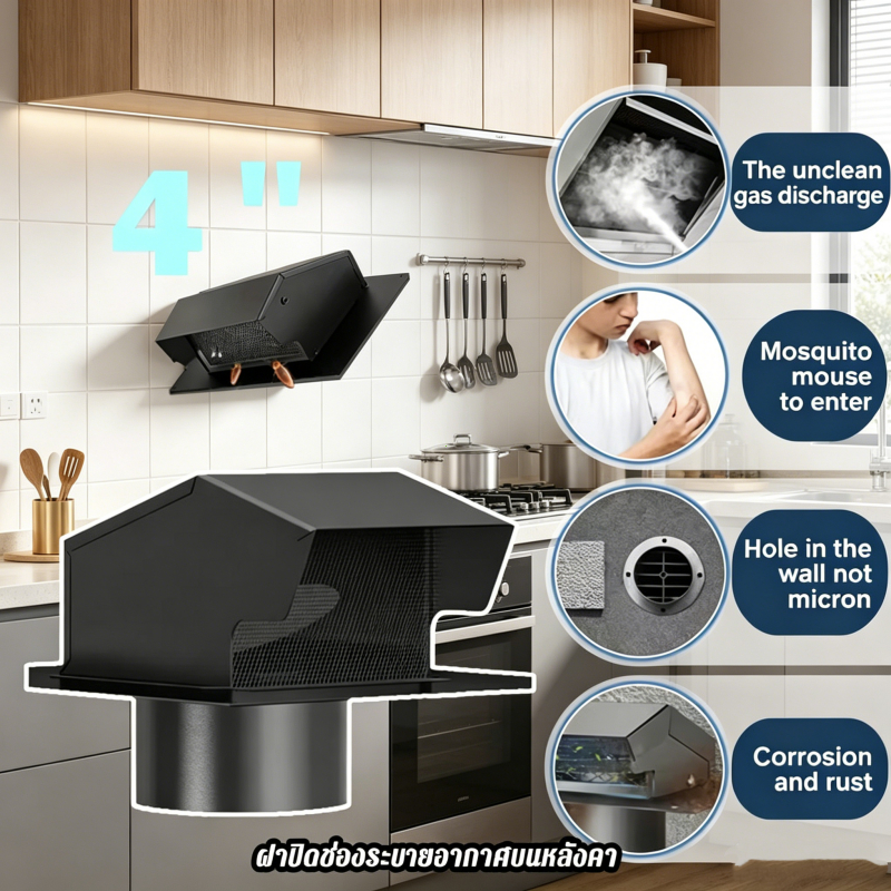 4นิ้ว ฝาระบายอากาศ Vent Cap Hon&Guan สีดำ สำหรับดาดฟ้าเหล็กชุบสังกะสี พร้อมข้อต่อD Amper