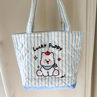 กระเป๋าผ้า มีซิป ขนาดใส่ไอแพดได้ จุของได้เยอะ ลายน้องหมาหน้าหลังน่ารักมาก มือ1