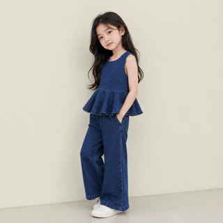 Hania kids พร้อมส่ง ชุดเซ็ตยีนส์เด็กผู้หญิงทรงระบาย + กางเกงขาบาน - K5125705