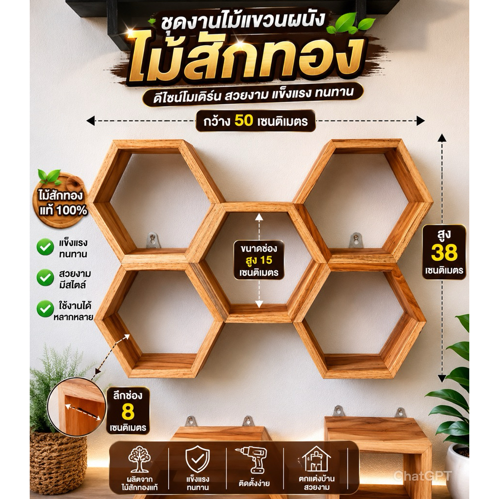 ชุดรังผึ้ง5ช่อง แขวนผนัง/ตั้งพื้น ไม้สักทอง