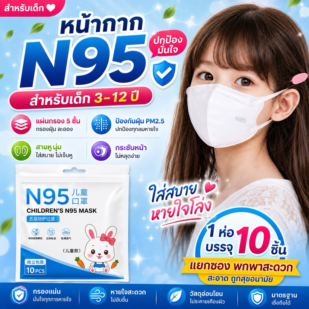 แมสเด็ก N95 ป้องกันPM2.5สำหรับเด็ก 4-12 ขวบ 1แพ้ค 10ชิ้น หนา 5 ชั้นพร้อมส่งจากไทย