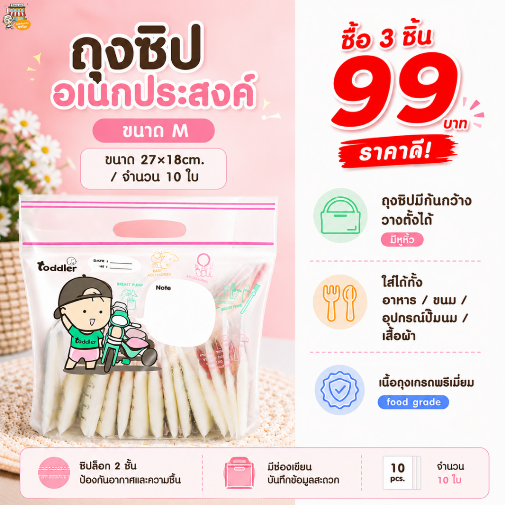 ถุงซิปจัดเรียงน้ำนม Toddler (มีก้นวางตั้งได้) ขนาด M 27×18cm พกพาง่าย ใส่อาหาร–สิ่งของ แพ็คละ 10 ใบ