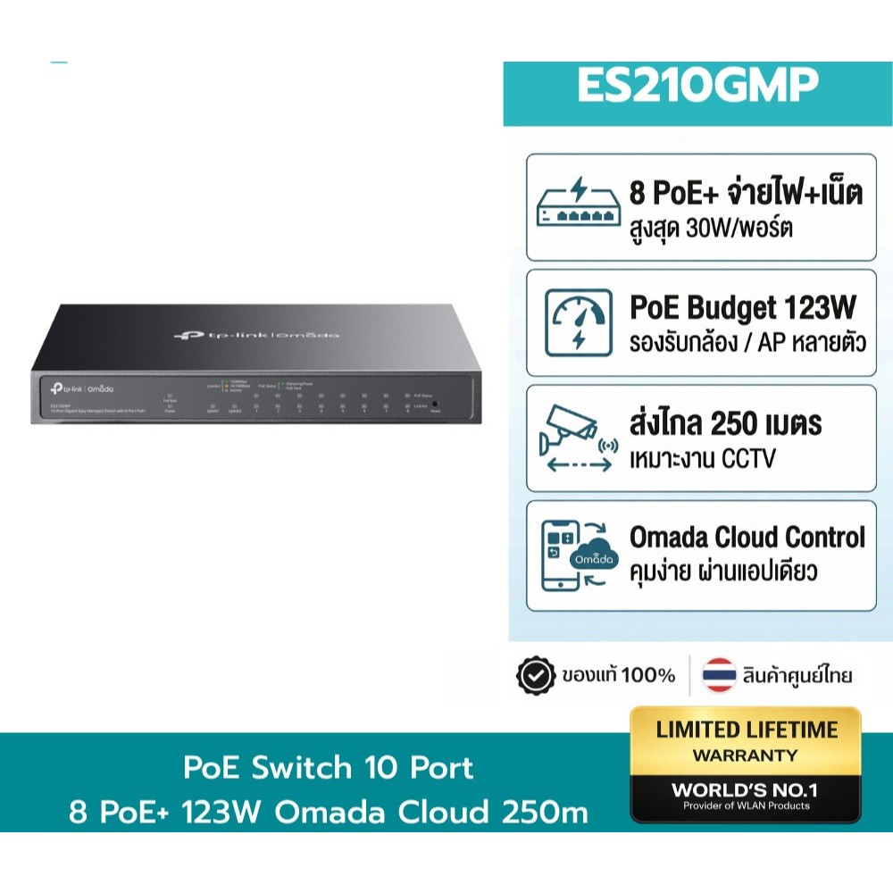 TP-LINK ES210GMP Omada 10-Port Gigabit Easy Managed Switch with 8-Port PoE+ (Switch hub poe)