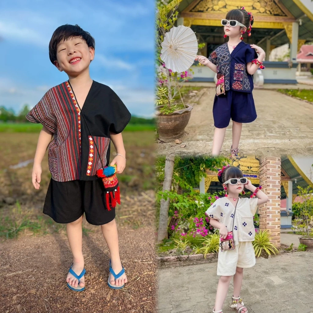 ชุดเด็กดอย ชุดเซ็ทเสื้อกางเกง รุ่นคอวีทรงกระเหรี่ยง น่ารักๆ