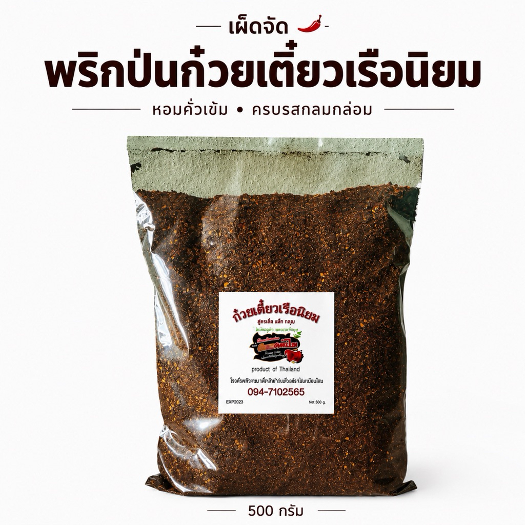 พริกป่นก๋วยเตี๋ยวเรือ 500g คั่วใหม่ทุกออเดอร์ ปั่นหยาบ หอมคั่ว เผ็ดจัด ร้านดังนิยมใช้(ป500)