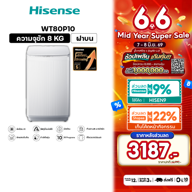 Hisense เครื่องซักผ้าฝาบน รุ่น WT80P10 สีขาว ความจุ 8 กก.