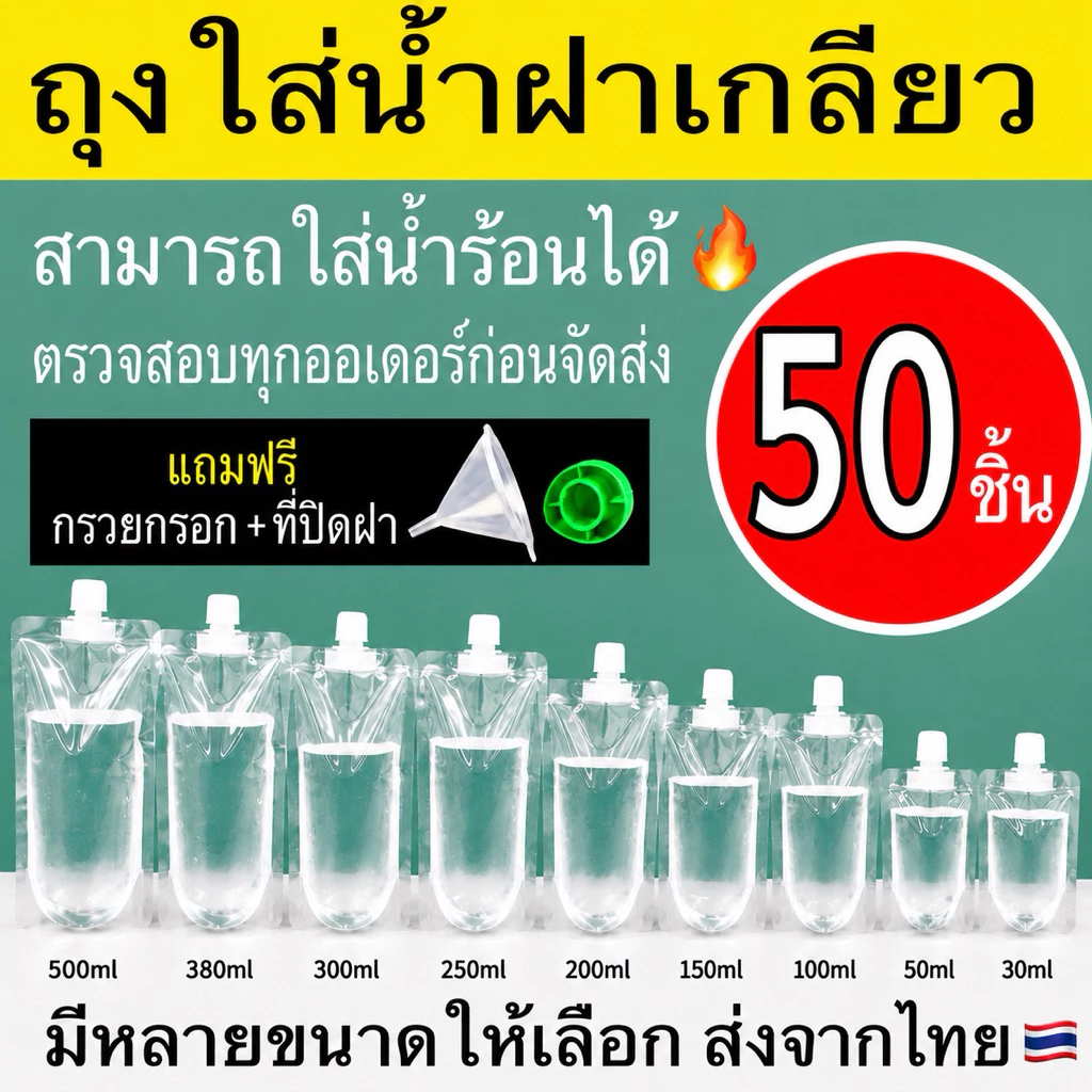 (50 ใบ) ถุงฝาเกลียว ก้นตั้งได้ ถุงใส่น้ำ ถุงใส่น้ำจิ้ม ใส่เยลลี่ กรวยกรอก + ฝาปิด