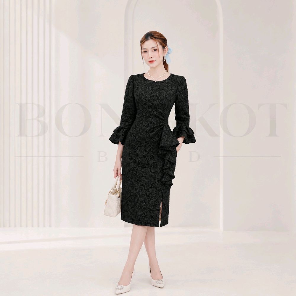 NL17 Roselyn Dress ชุดออกงานแขนตุ๊กตาใส่ทำงานความยาว41นิ้วสูง150-170 ผ้าไม่บางไม่มีซับใน