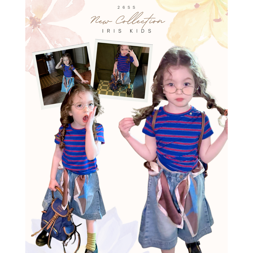 「สินค้าลิขสิทธิ์แท้」IRIS KIDS runrun26ss IKS260488 Candy Stripe เสื้อผ้าเด็ก เสื้อยืดลายทาง กางเกงยีนส์ ชุดแฟชั่นเด็ก