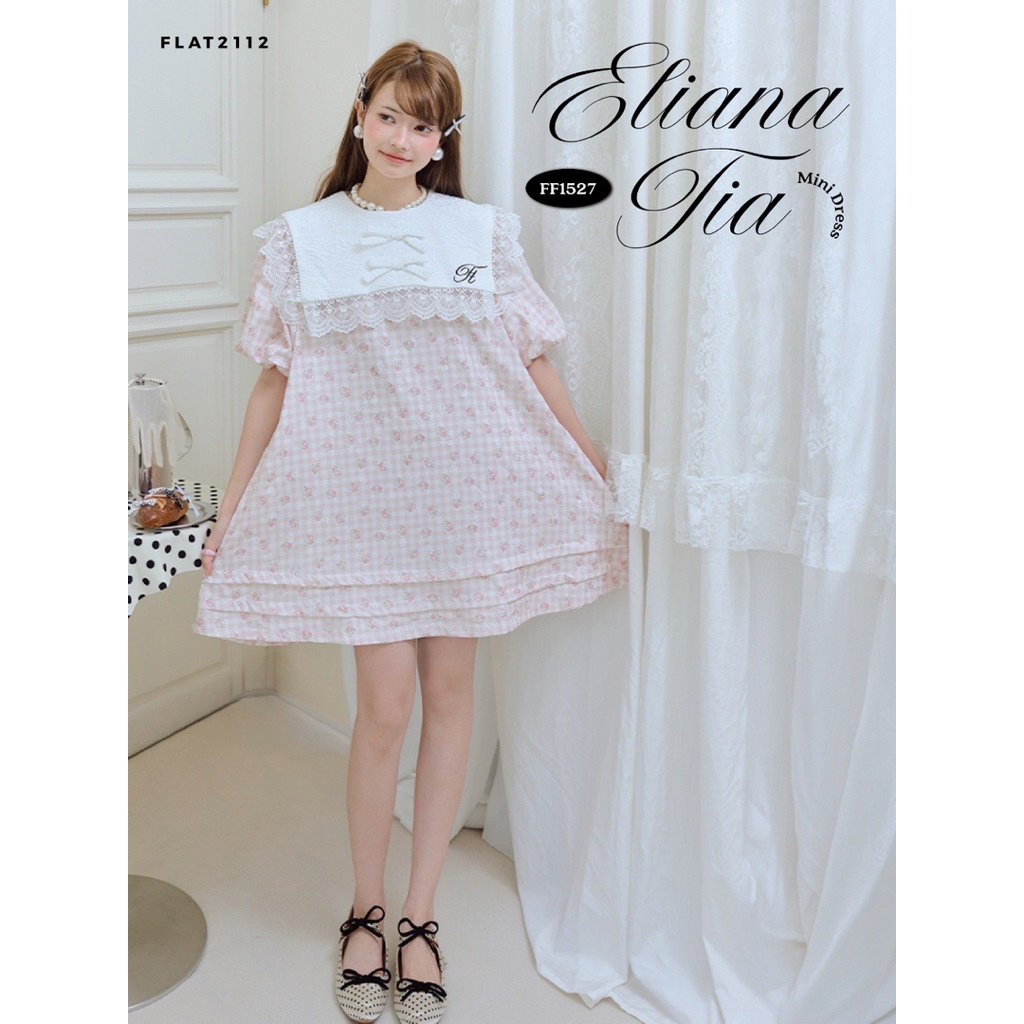 New Size plus FLAT2112 : ELIANA TIA MINI DRESS เดรสสั้นสีชมพู เดรสโอเวอร์ไซซ์น่ารัก เดรสคอปกลูกไม้ (