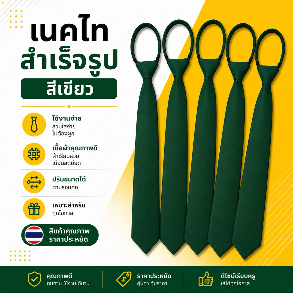 เนกไทสำเร็จรูปผ้าโทเรสีเขียวเข้ม เนคไทม.เกษตร สินค้าไทย พร้อมส่ง
